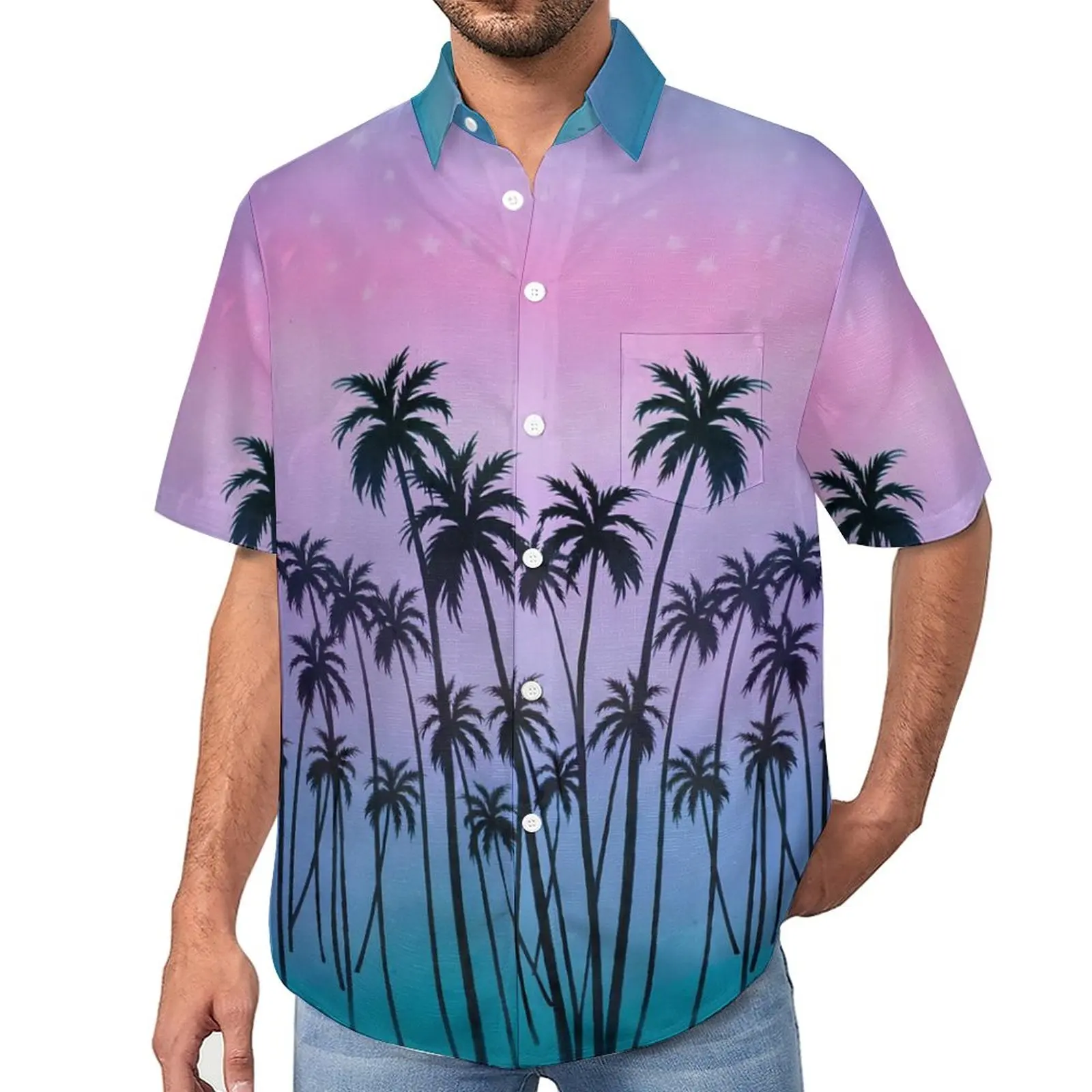 

Purple Palm Trees Casual Shirt Beach Sunset Beach Loose Shirt Hawaiian Y2K Blouses Short Sleeve Design Oversized Clothing