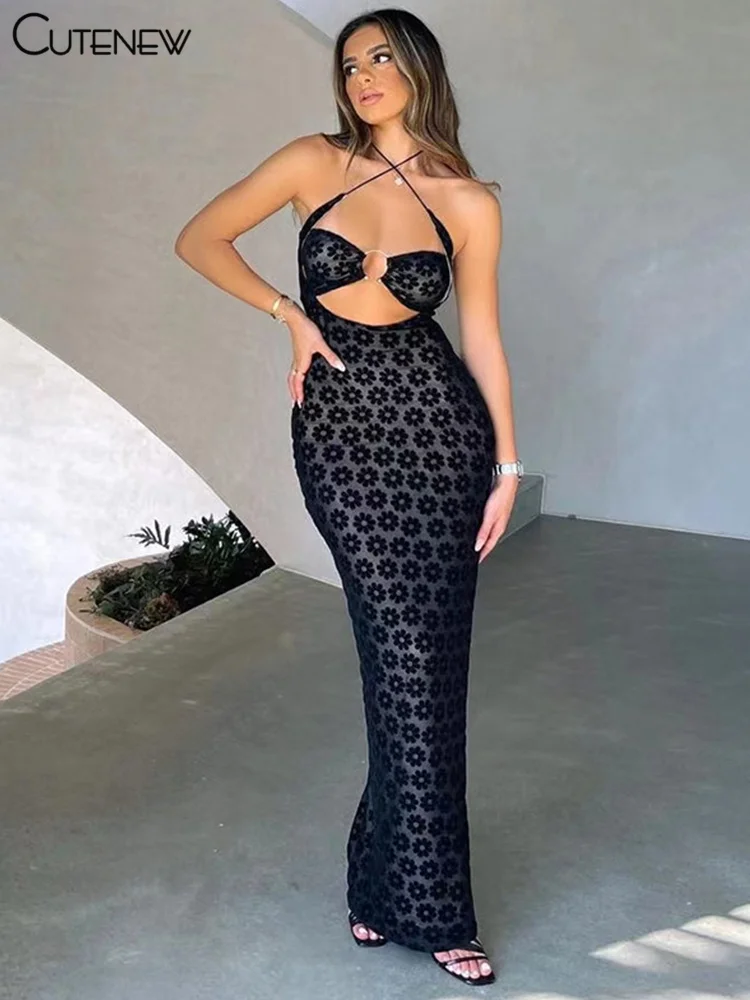 

Cutenew Sexy Mesh See Through Hollow Straight Maxi Dress Women Casual Cut Out Halter Lace Up Sleeveless Slim Robe Lady Partywear