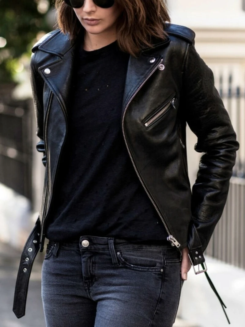 New Women Black Genuine Lambskin Real Soft Leather Biker Motorcycle Jacket