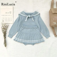 rinilucia baby girl knitted suit 2022 spring autumn cardigan sweatershort set cute navy collar pure color baby knitting clothes