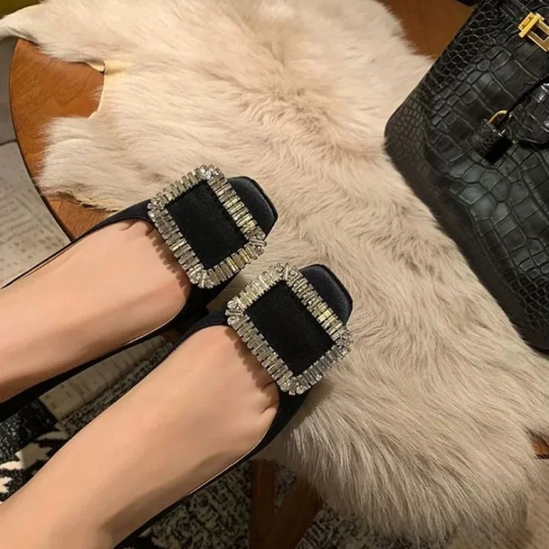Black Rhinestone Flat Shoes Women Work Shoes Square Toe Square Buckle 3 Cm High Heels Women Designer Pumps Women Spring 2023 New