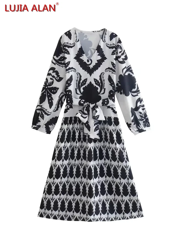 

Women Vintage Printing Splicing V-Neck Sashes Loose Dress Summer Female Long Sleeve Midi Vestidos LUJIA ALAN WD073