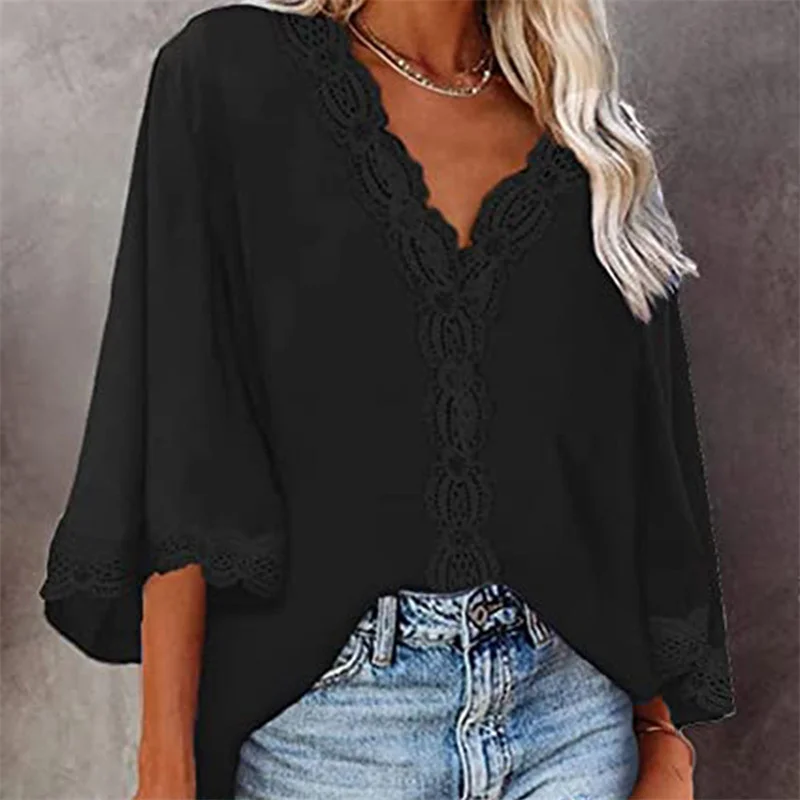 

Summer Tee Fashion Women Casual Short Sleeve Tops Lady Half Sleeve Lace Tops Solid Color Deep V-neck Loose Comfortable Tees