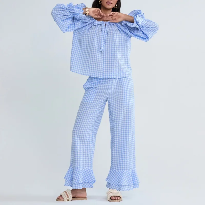 Женский клетчатый пижамный комплект из двух предметов с галстуком и длинным
