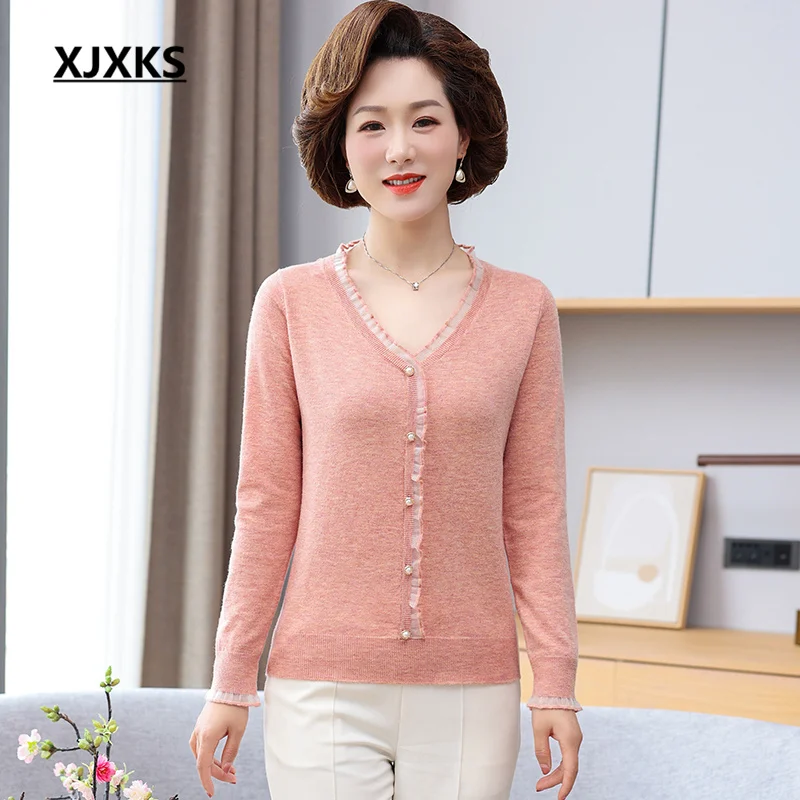 

Осень 2022, новинка, женский свитер XJXKS с V-образным вырезом, свободный удобный шерстяной вязаный пуловер большого размера, женские свитера