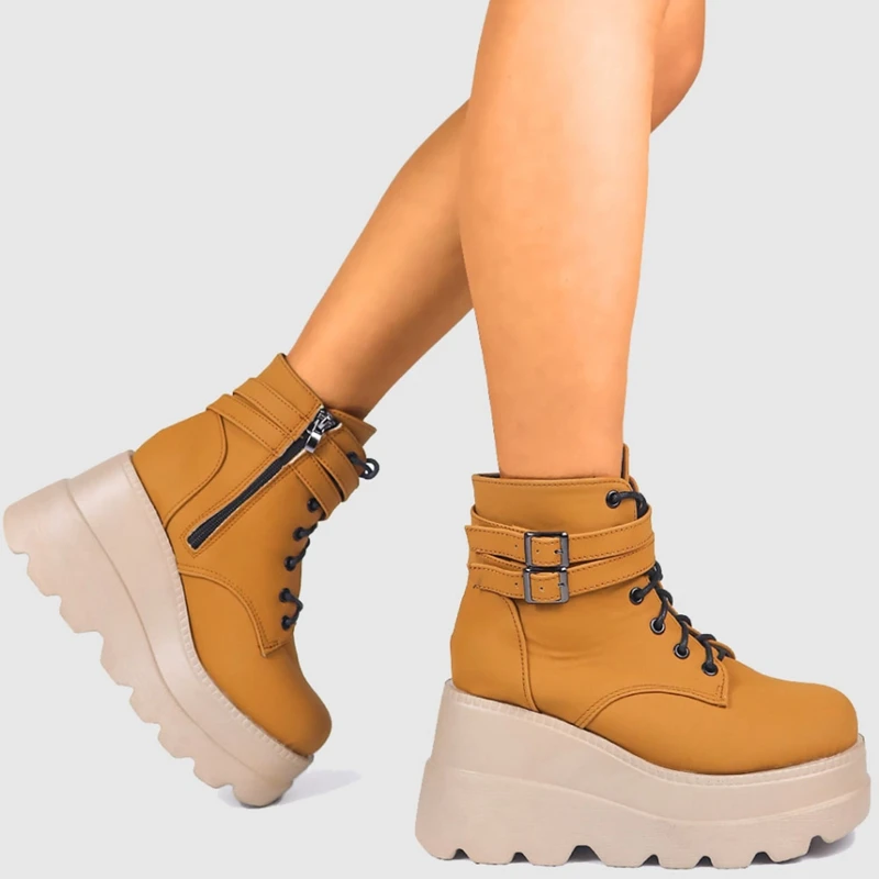 

Women Ankle Boots New INS 2021 Bling Punk Round Toe Platform Wedges Thick Bottom Zip Lace-Up Buckle Big Size Party S210