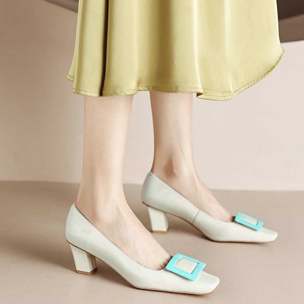 Cialisa Shoes Women's Pumps Fashion Square Buckle New 2023 Spring Genuine Leather Dress Mid Heels Slip-On Ladies Footwear Pink