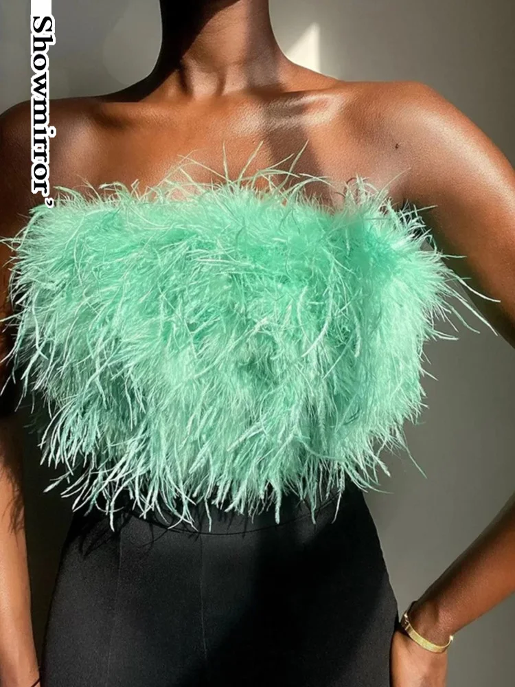 

Showmirror пушистый меховой сексуальный укороченный Топ без бретелек для женщин Фея гранж без рукавов с открытой спиной укороченный топ Клубная...