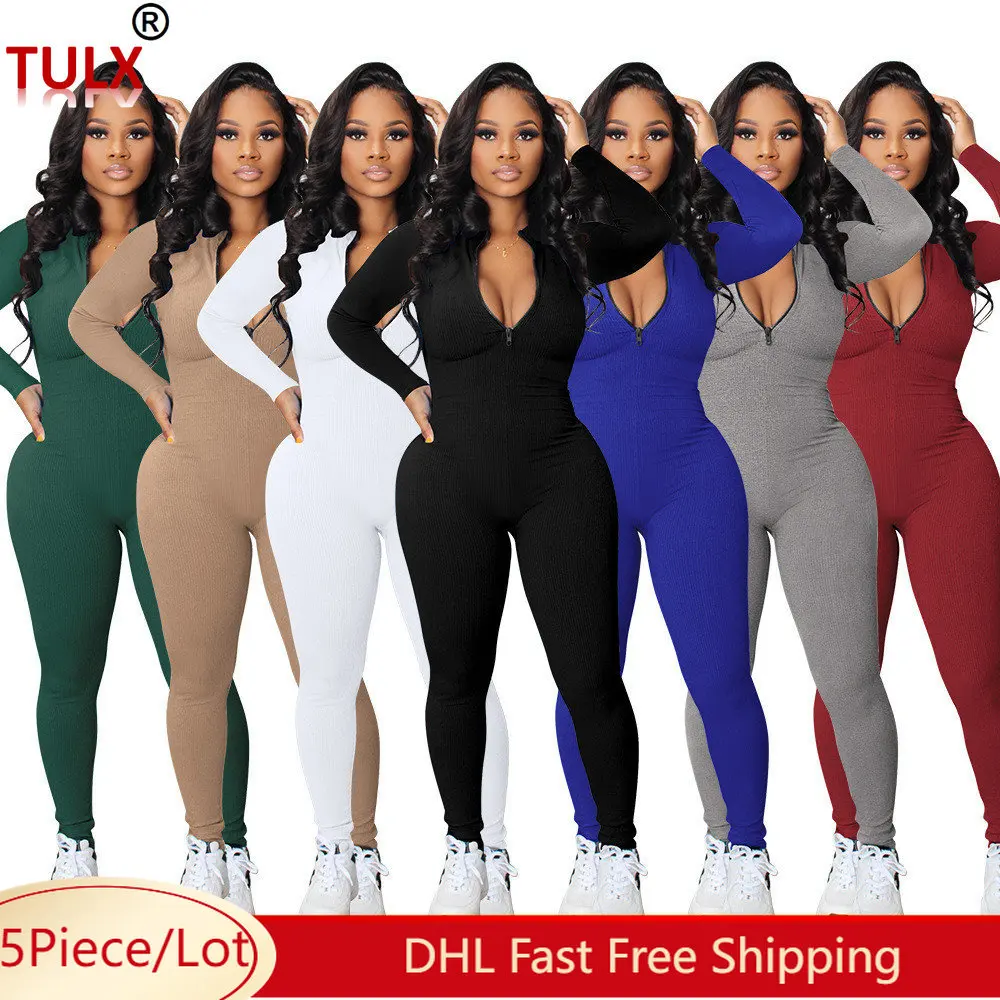 

5 шт. оптом вязаные ребристые Комбинезоны женские облегающие комбинезоны с длинным рукавом Повседневные однотонные осенние зимние комбинезоны 8409