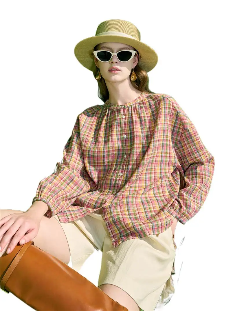 

Vintage Fashion Women Plaid Shirts Spring Summer Three Quarter Sleeve Plus Size Button Up Tops England Style Loose Casual Blouse