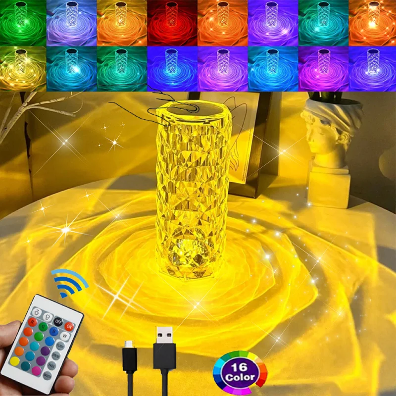 

2 шт., кристаллическая настольная лампа, 16 цветов