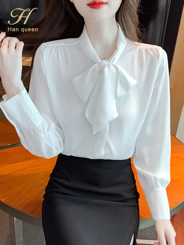 

Женские винтажные блузки H Han Queen, элегантные офисные рубашки, модная деловая одежда с бантом, белая рубашка, шифоновая блузка, Топ