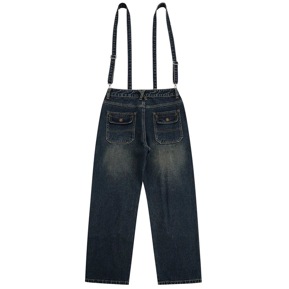 Streetwear American Multi Pocket Work Clothes Washing Jeans Men Loose Wide Leg Pants Detachable Suspender Denim Trousers