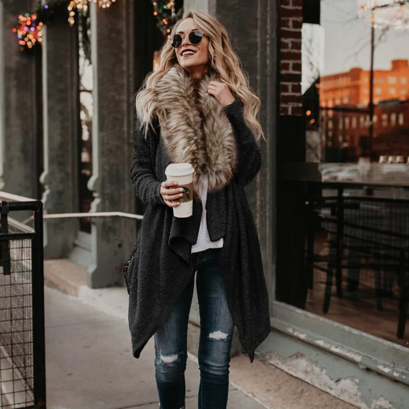 

Женский однотонный Кардиган с длинным рукавом, повседневный вязаный жакет-ветровка свободного покроя с воротником из плотного волоса, в ул...