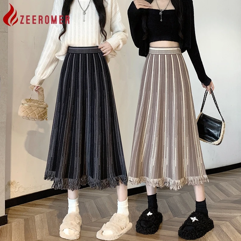 

ZEEROMER 2023 Fall Winter Elegant Striped Knitted Mid-length Skirt High Quality Women Vintage Hit Color Tassel Hem A Line Skirt
