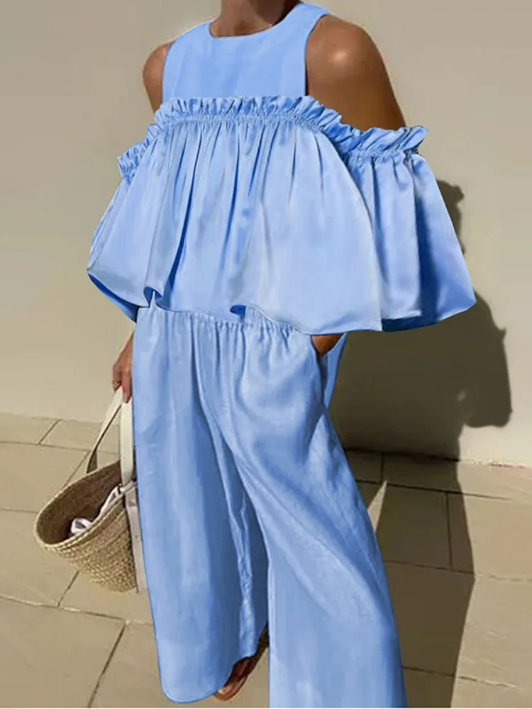 Свободная Женская футболка свободного кроя с открытыми плечами и оборками