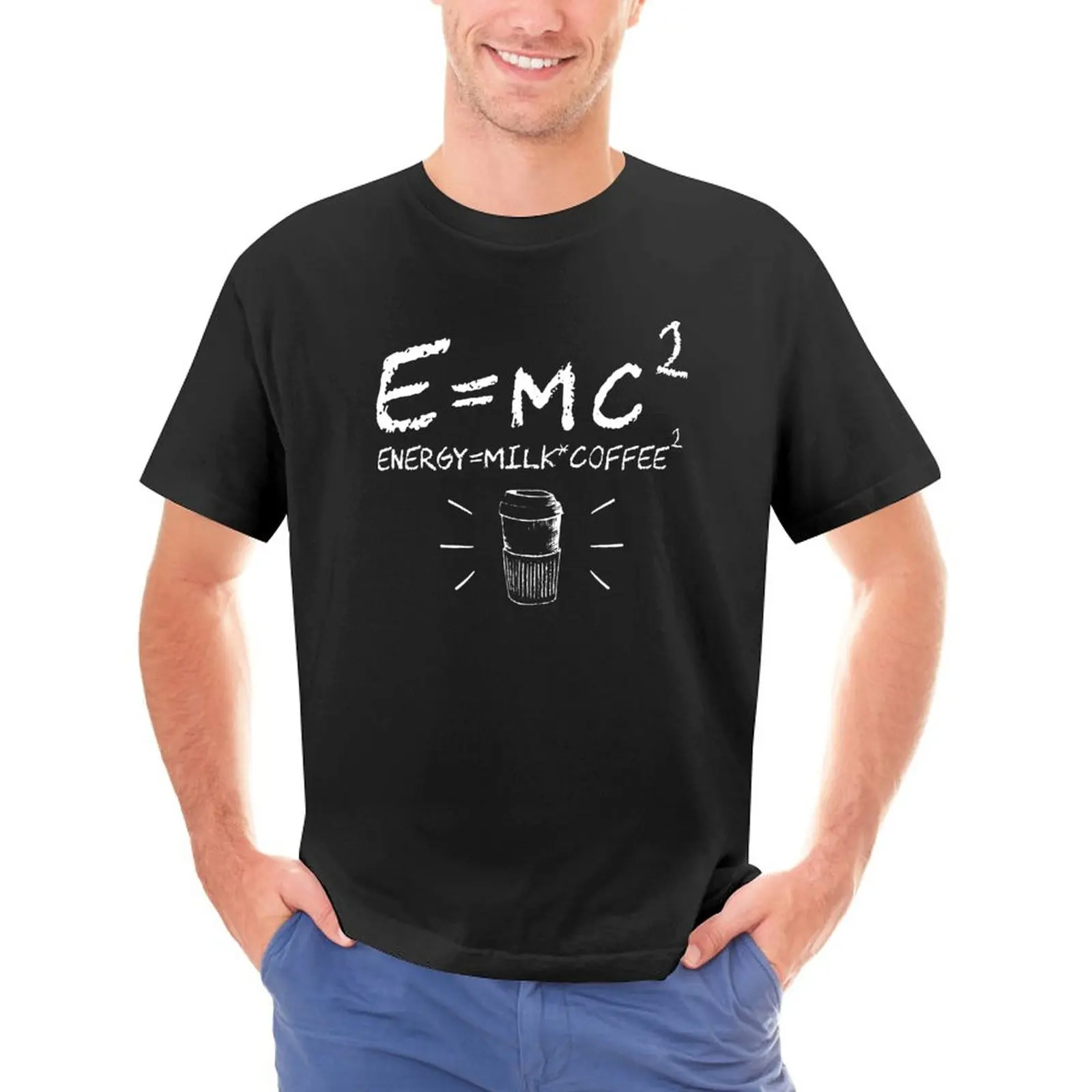 

Футболка мужская E = mc2 Energy с принтом молочного кофе, уличная одежда в стиле Харадзюку с забавными надписями, хлопковая Оригинальная футболка...