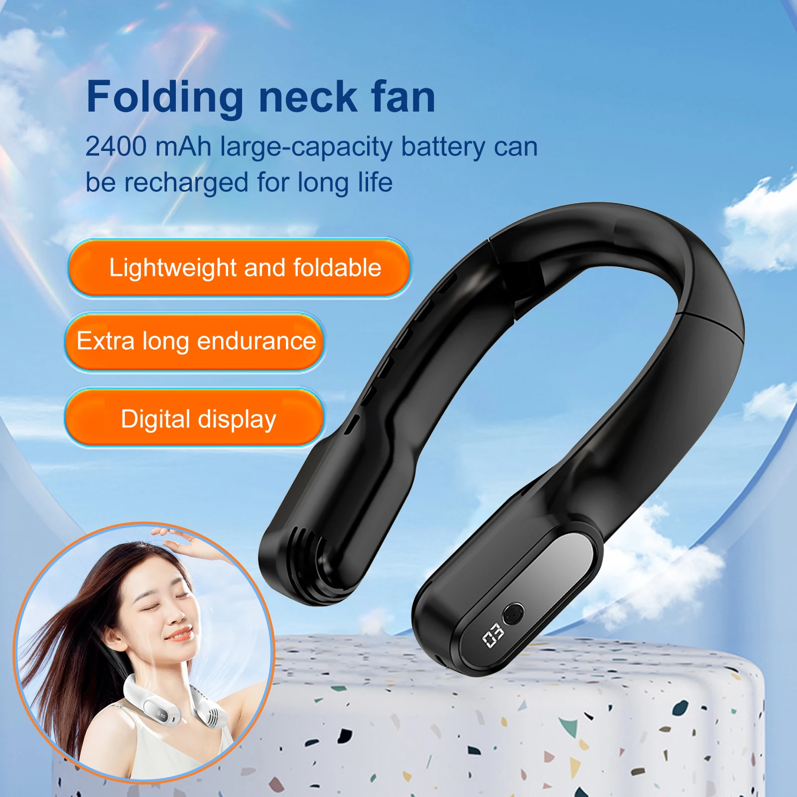 

Portable 2400mAh Hanging Neck Fan Foldable Summer Air Cooling USB Rechargeable Bladeless Mute 3-speed Neckband Fans Outdoor