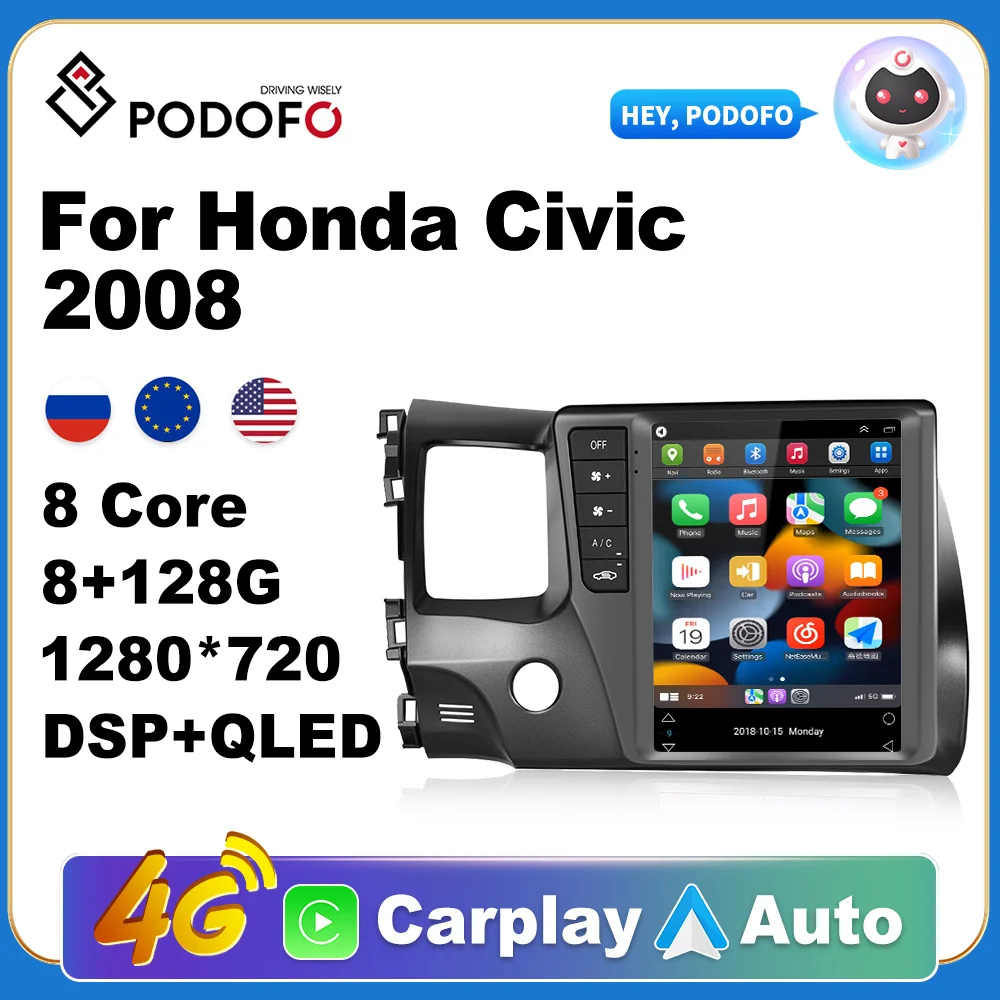 

Podofo Авторадио 2Din Android радио Carplay для Honda Civic 2008 AI Voice 4G GPS Автомобильный мультимедийный видео плеер стерео 2din