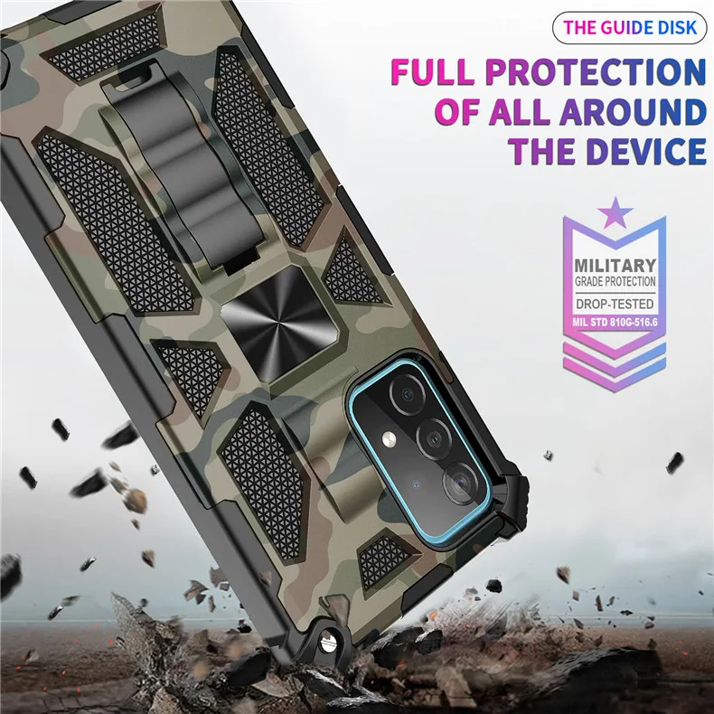 

Military Camouflage Metal Armor Holder Case For Samsung Galaxy A72 5G A52 A42 Phone Cover for A71 A51 A32 S21 FE A22 A73 A53 M51