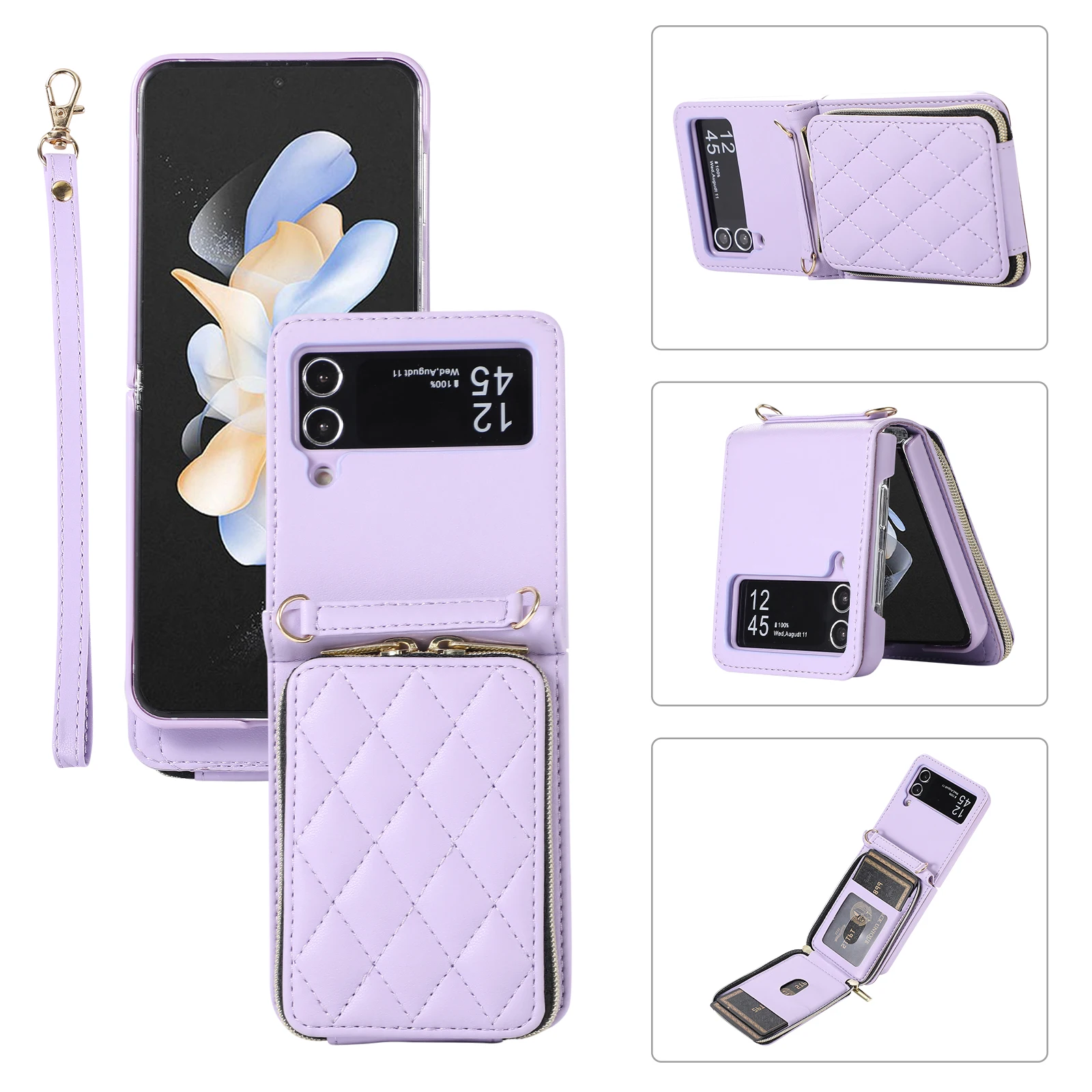 

Lanyard Crossbody Wallet Phone Case For Samsung Galaxy Z Flip 5 Flip4 Flip3 RFID Blocking Organ Card Slot Lattice Leather Cover