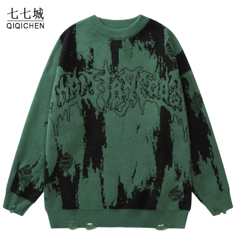 

Mens Streetwear Ripped Sweater Distressed Vintage Letter Graphic Hiphop Y2k Knitted Sweaters Retro Autumn Winter Jumper Pullover