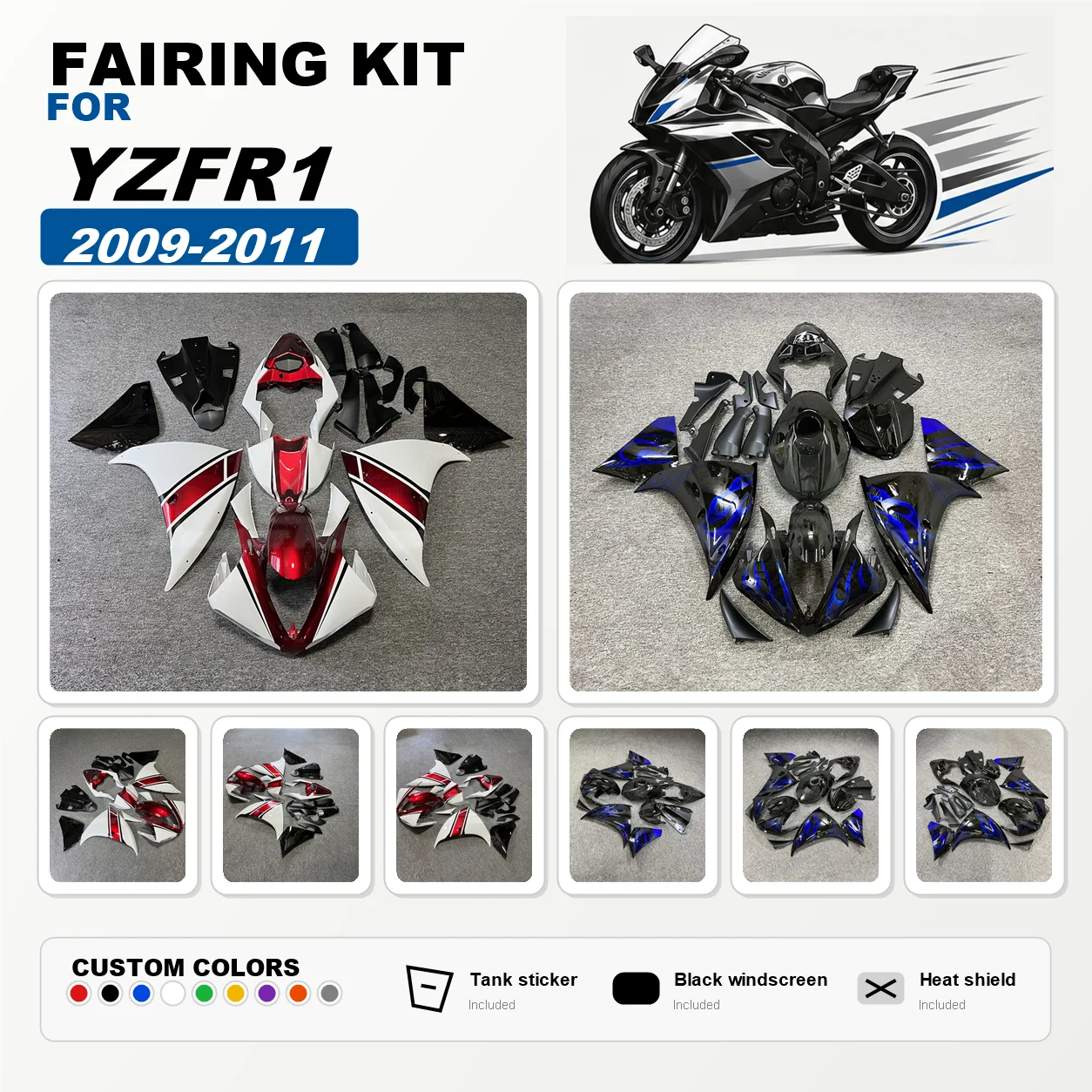 Фото Комплект обтекателей для мотоцикла YZFR1 2009-2011, неоригинальный, литой, для YAMAHA 09 10 11 YZF R1 №1