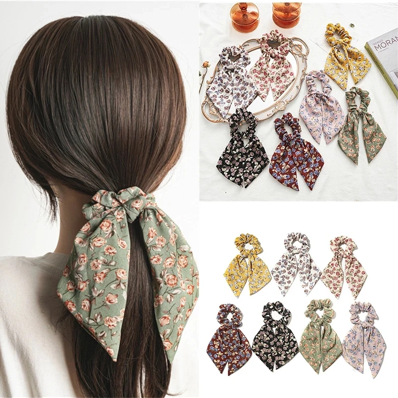 

Korean Floral Bow Streamers Elegant Print Rose Hair Band For Women Elastic Scarf Hair Scrunchies Tie Ponytail Holder Accessories