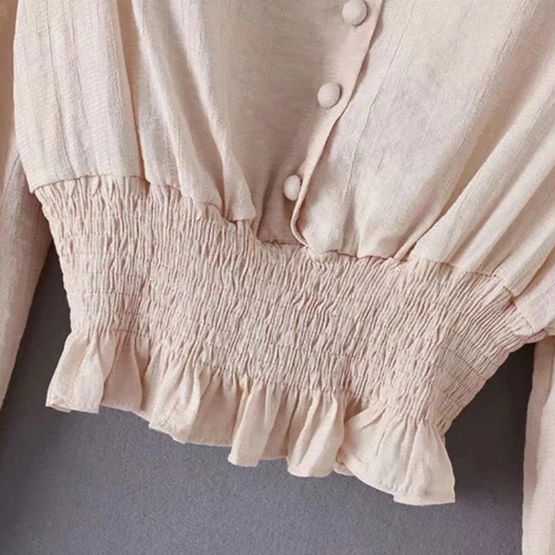 Новая женская однобортная рубашка с V-образным вырезом и эластичным подолом