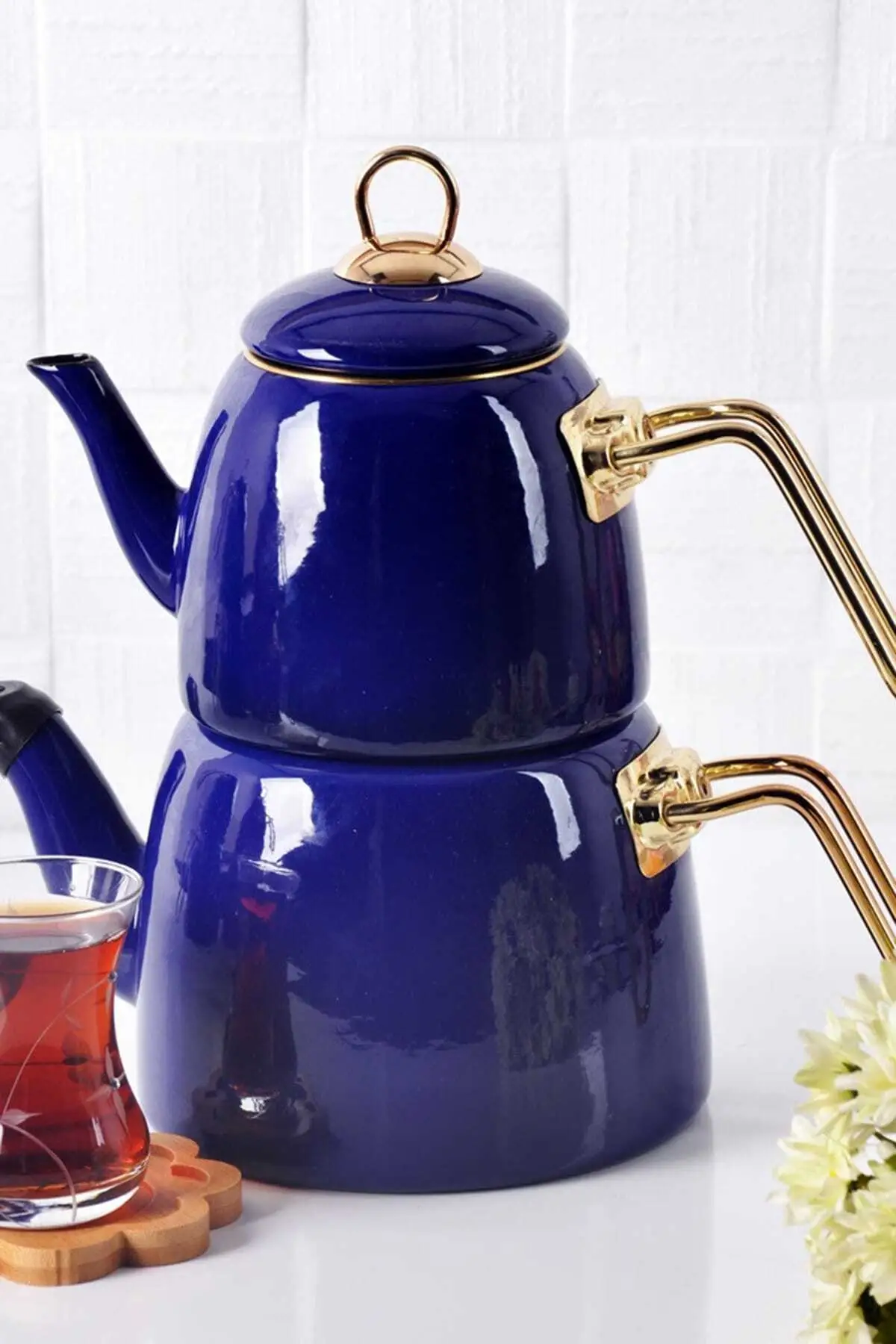

Enamel Blue Teapot Teapot Set Traditional Turkish Tea Brewing Kitchen Tools
