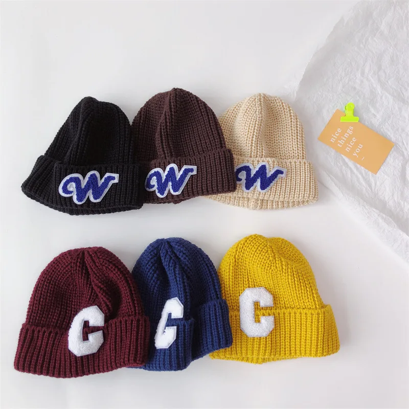 

New Letter Baby Winter Hat Solid Color Knitted Autumn Warm Children Boy Bonnet Hat For Kids Girl Crochet Beanie Cap