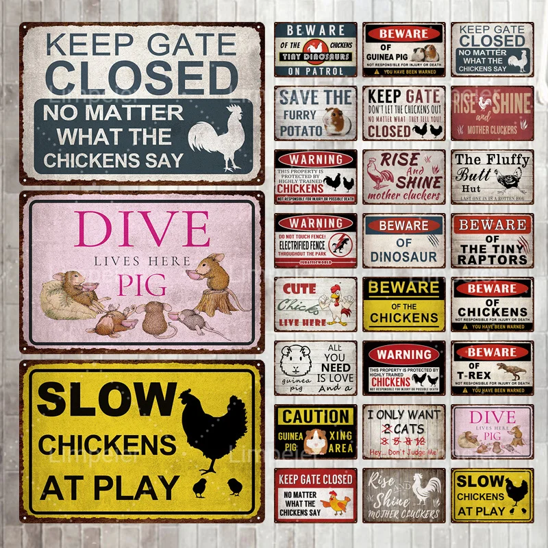 

Retro Beware Chicken Sign Garage Poster Bar Tin Painting Warning Rise Card Club Hotel Metal Sign Vintage Craft Room Decoration