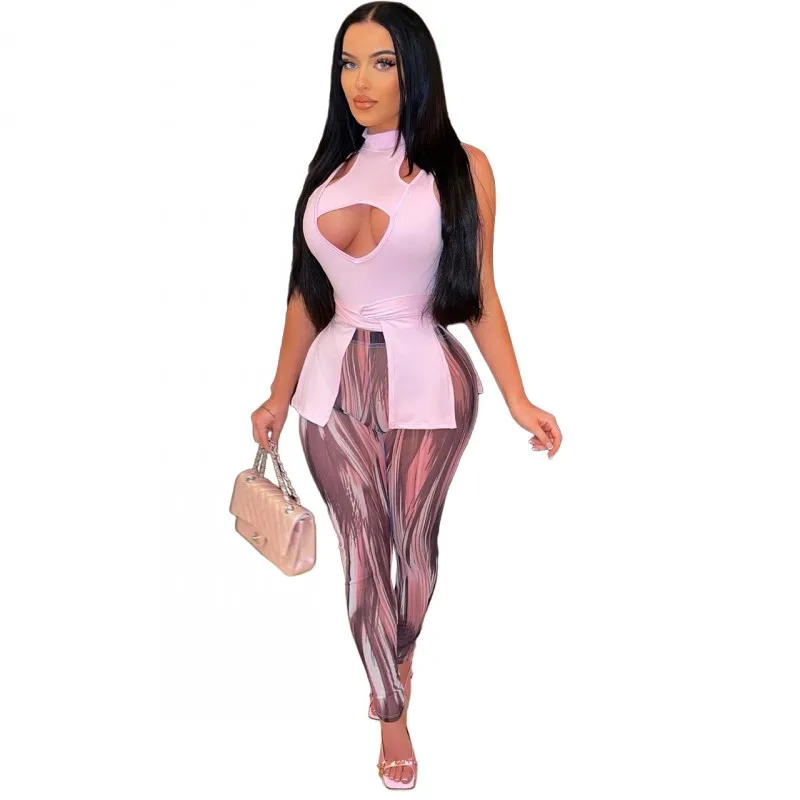 

Two Piece Women Set High Waist Skinny Pencil Pant Suits Set 2022 Summer Fashion Hollow Irregular Street Style Sexy Tops Outfits