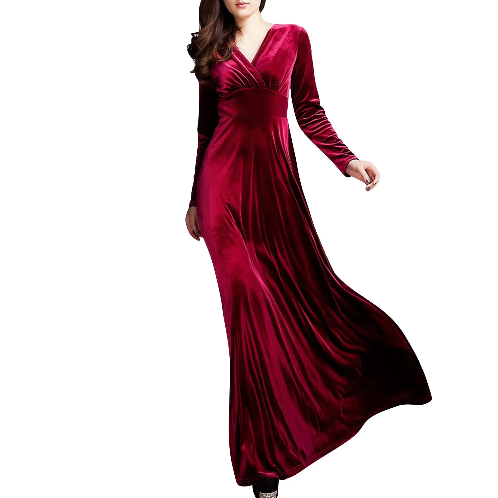 

Autumn Winter Women'S Autumn And Winter Gold Velvet V-Neck Solid Color Long-Sleeved Party Dress New Fashion Simple Versatile