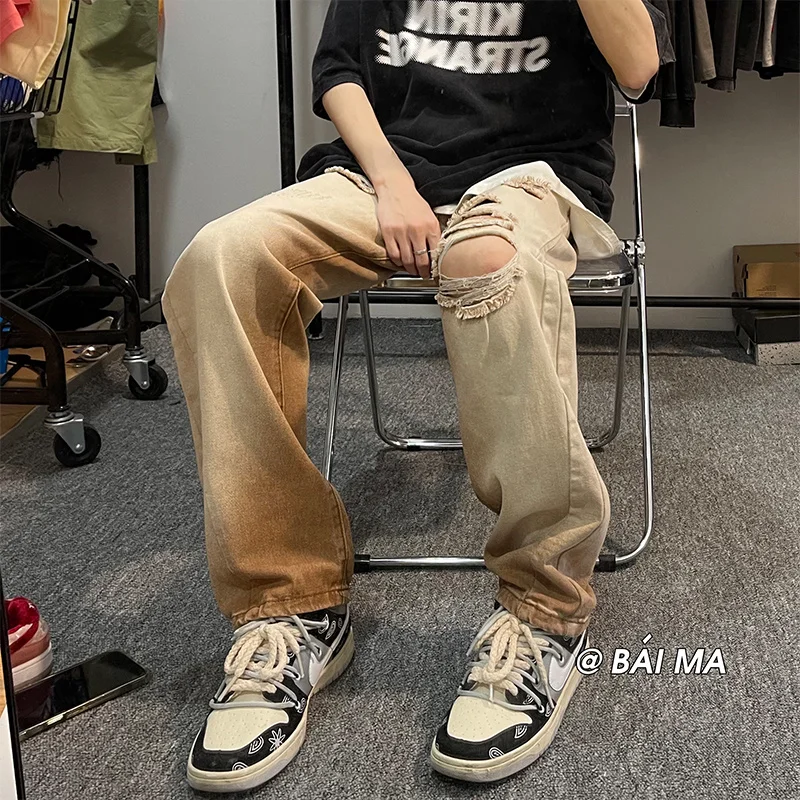 Brown Ripped Baggy Jeans Men Fashion Casual Straight Jeans Men Streetwear Loose Hip Hop Hole Denim Pants Mens Trousers S-2XL