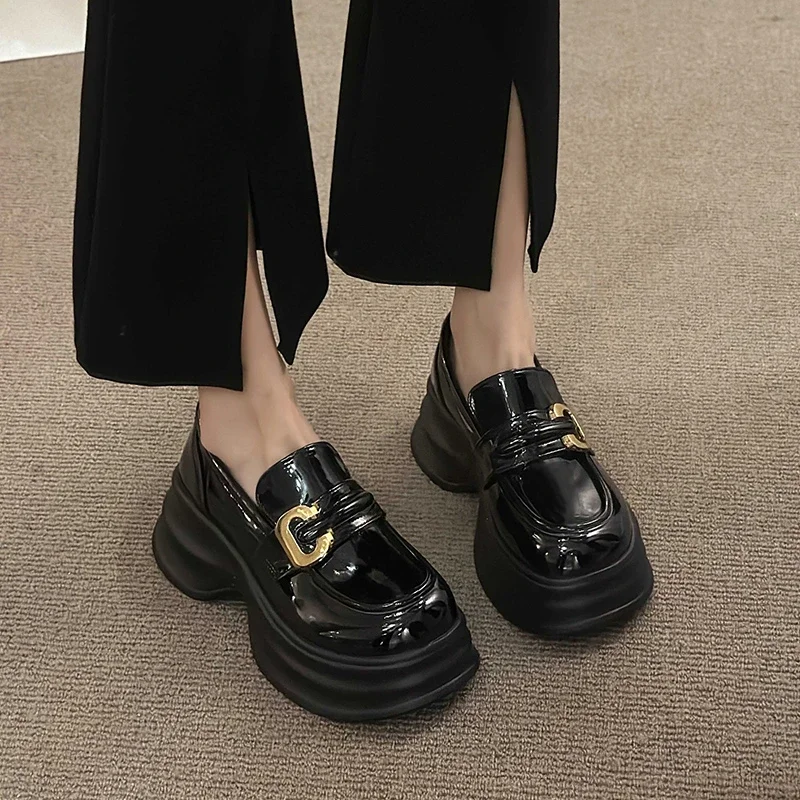 

Женские лоферы на толстой подошве, черные повседневные туфли без шнуровки в британском стиле, универсальная Водонепроницаемая женская обувь для увеличения роста, 2023