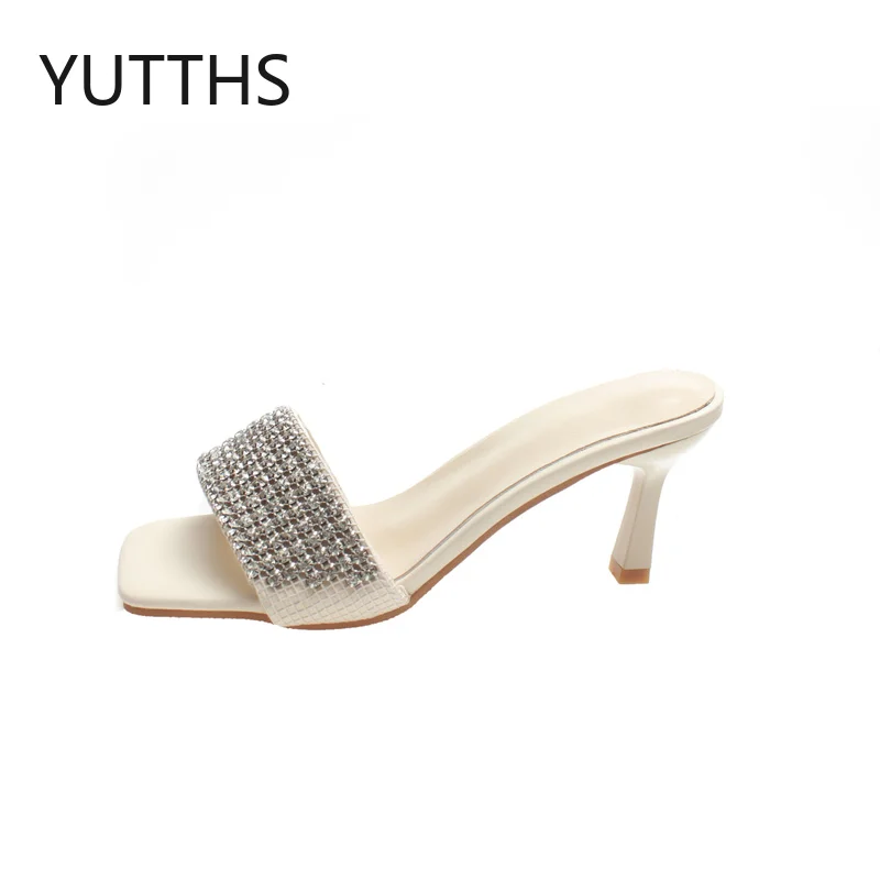 

8cm High Heels Stiletto Slippers Women 2022 New Summer Open Toe Rhinestone Designer Shoes Luxury Brand Sexy Women's Slippers PU