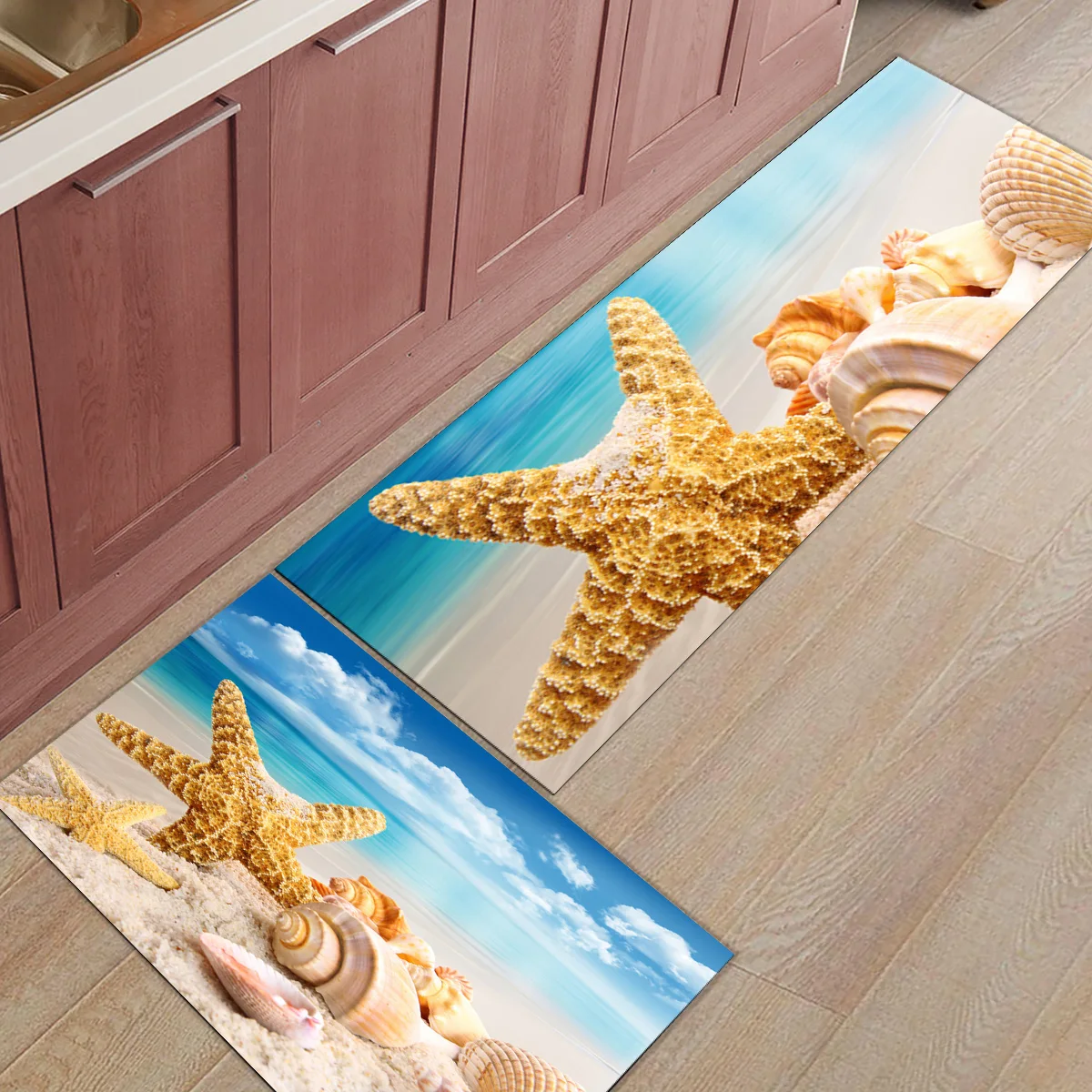 

Beach Sea Starfish Shells Blue Sky Long Kitchen Carpet Floor Home Entrance Doormat Bedroom Living Room Decor Rug Hallway Mat