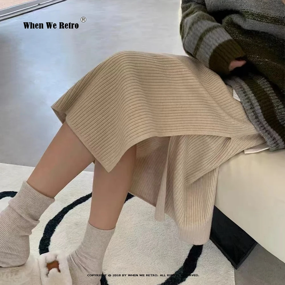 

Корейская женская Плотная юбка-свитер с высокой талией, эластичные вязаные юбки с разрезом, Женские однотонные элегантные облегающие юбки-карандаш RS039