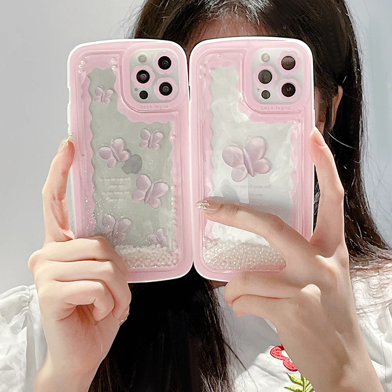 

Cute Pearl Quicksand Kawaii Butterfly Phone Case For iPhone 13 11 12 Pro Max XS XR X 8 7 Plus SE 2 Shoockproof Protective Shell