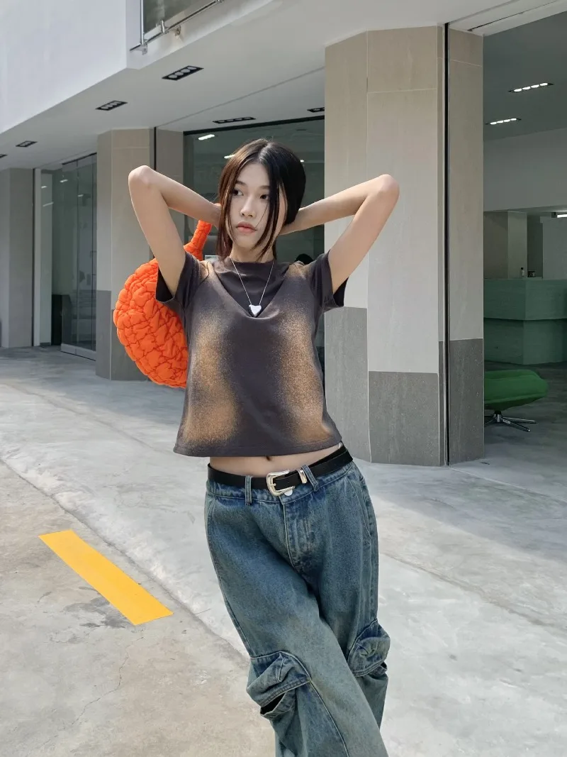 Уличный модный винтажный Повседневный флуоресцентный градиентный кроп-топ с