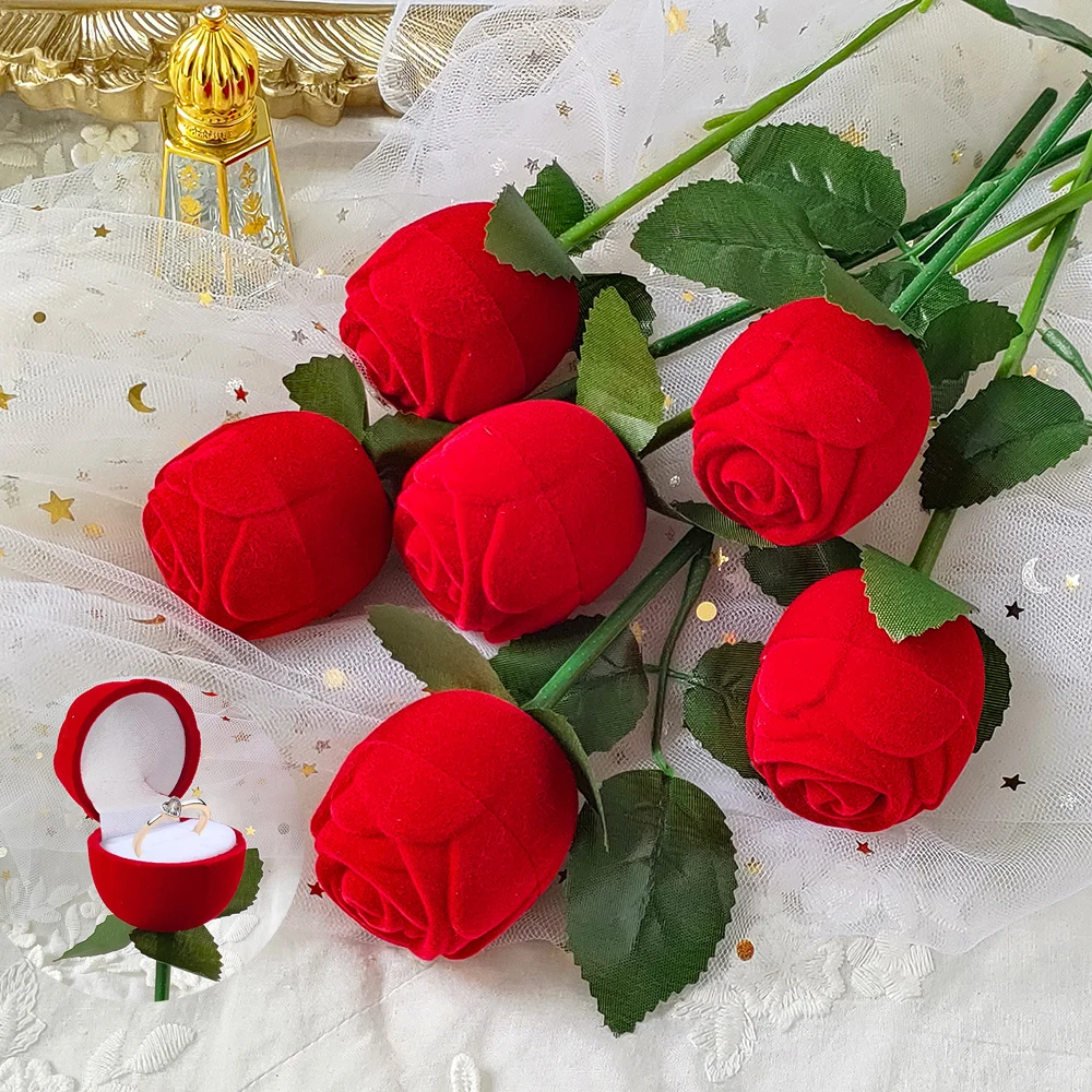 

1pc Red Velvet Rose Rose Ring Box Jewelry Box Earring Display Box Holder Bridal Valentine Day Gift Wedding Jewelry Storage Box