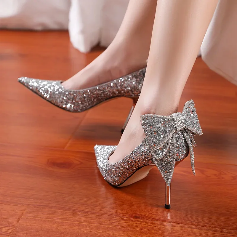 

Bling Sequins Wedding Shoes for Women Bride 2023 Elegant Pointed Toe Thin Heels Pumps Woman Silver Crystal High Heels for Ladies
