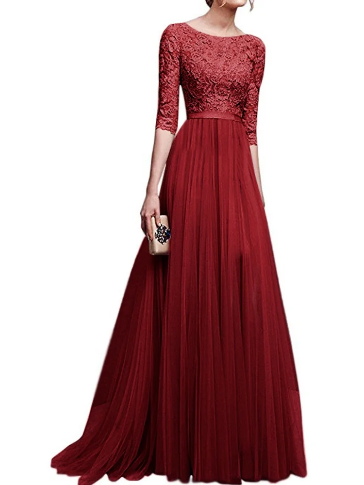 

Women Slim Elegant Chiffon Pleated Lace Dresses Short Sleeves O Neck Evening Prom Birthday Party Slim Maxi Red Dress 2022 New