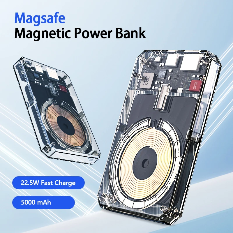 

Transparent Magsafe External Battery Portable Wireless Power Bank 5000mAh PD22.5W Fast Charge for iPhone11/12/13 Xiaomi Huawei
