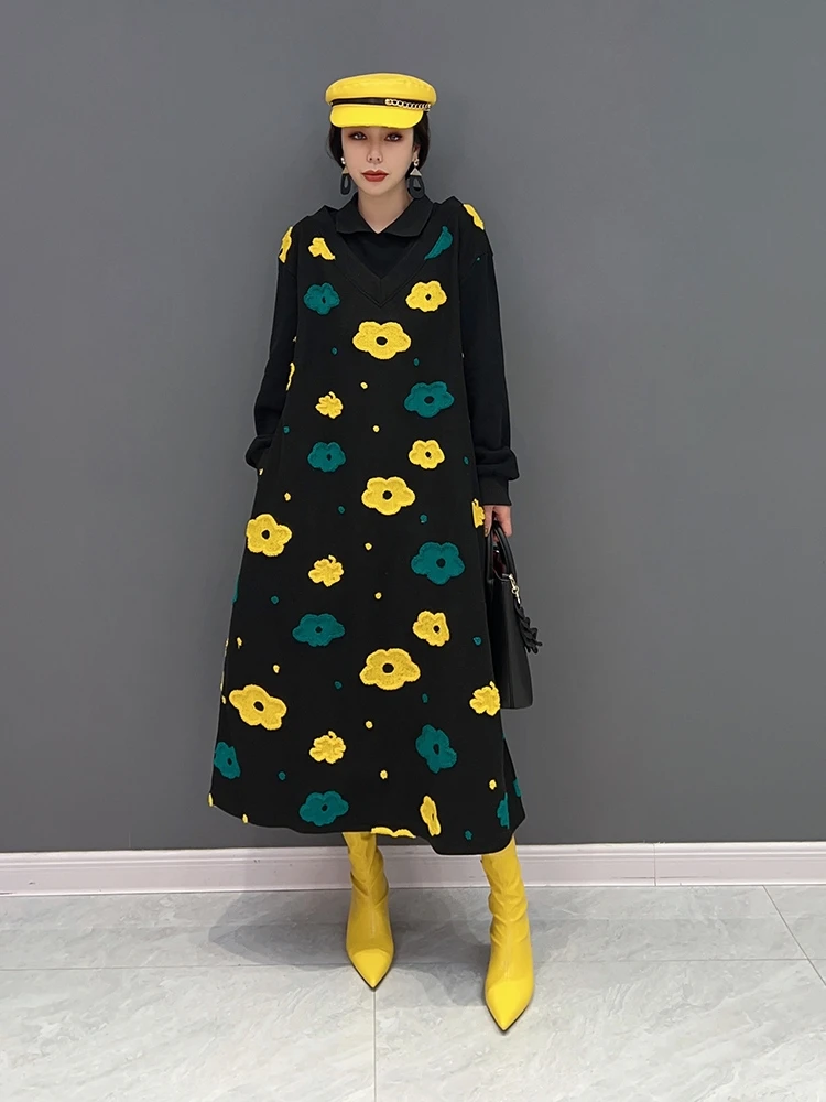 

SuperAen 2022 Winter New Korean Fashion Trend Fake Two-piece Dress Temperament Women A-LINE Long Dress