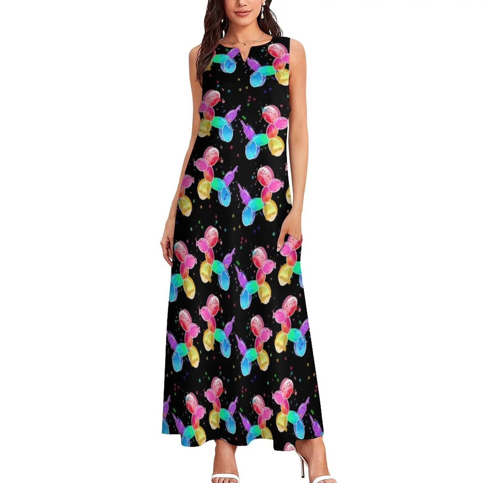 

Rainbow Animal Dress Summer Balloon Dogs Print Street Fashion Casual Long Dresses Womens Pattern Modern Maxi Dress Big Size 4XL