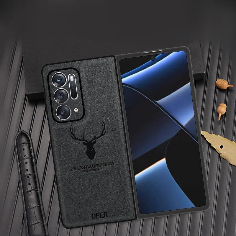 Luxury 2in1 Retro Genuine Leather Fold Phone Case for OPPO Find N 5G Classic Vintage Deer Elk Head Texture Armor Back Cover