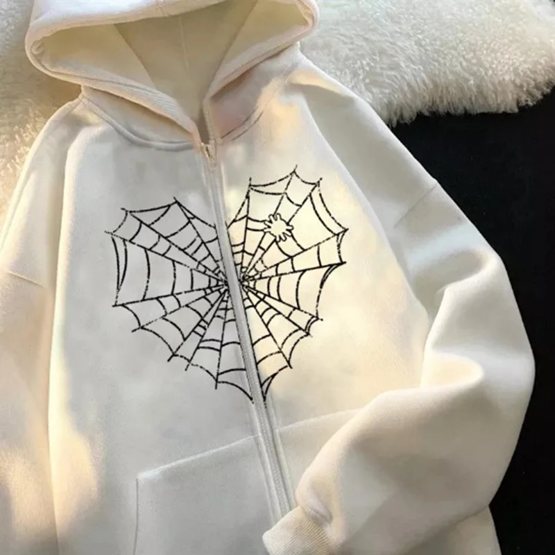 

Women Gothic Spider Web Sweatshirts Harajuku Casua Y2K Zip Up Hooded Streetwear Female Vintage Loose Hoodies Sweatshirt Clothing
