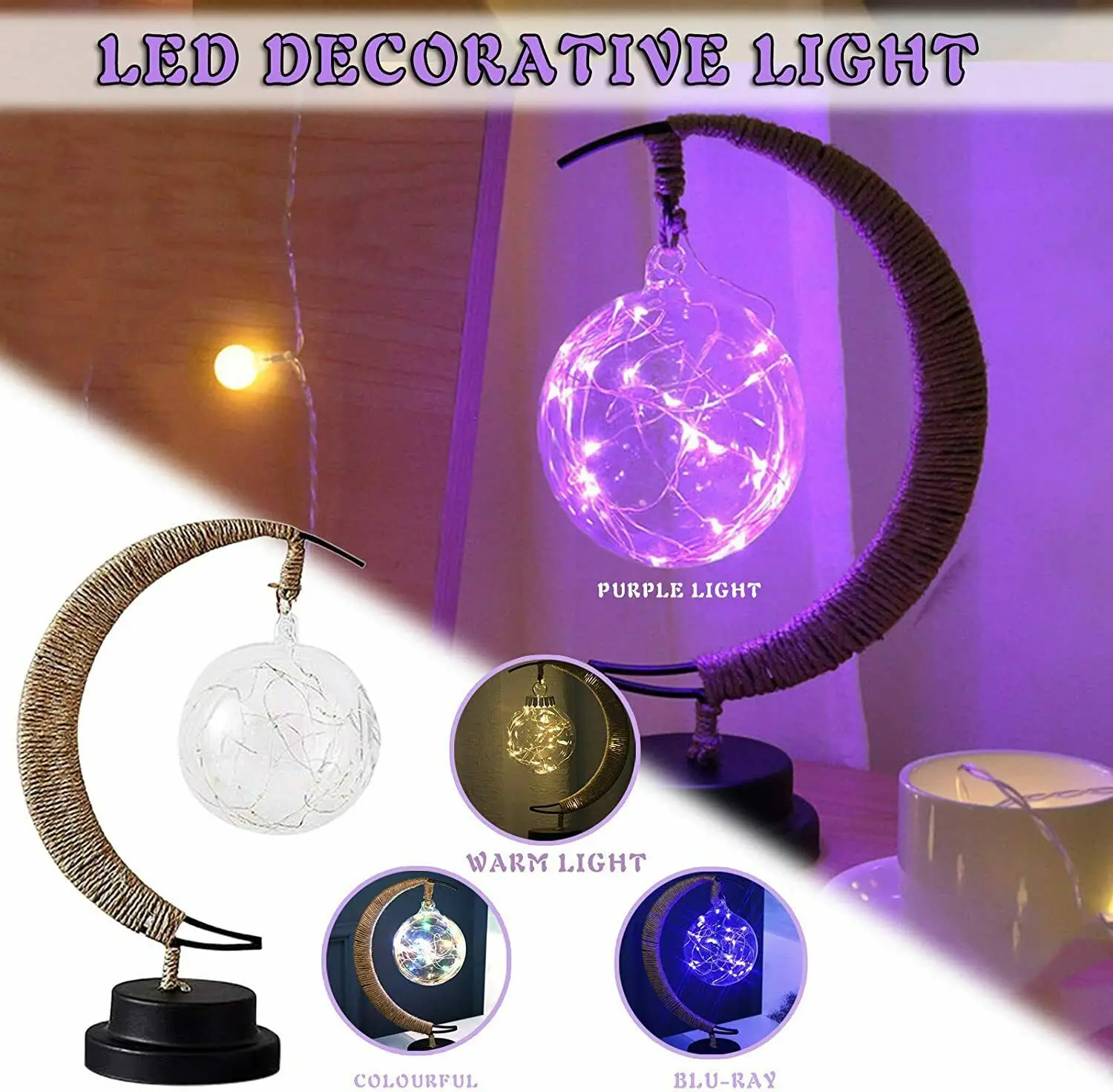 

LED Lantern Moon Light Room Decoration Enchanted Lunar Lamp Home Ornament Handmade Hemp Rope Iron Art Ball Light
